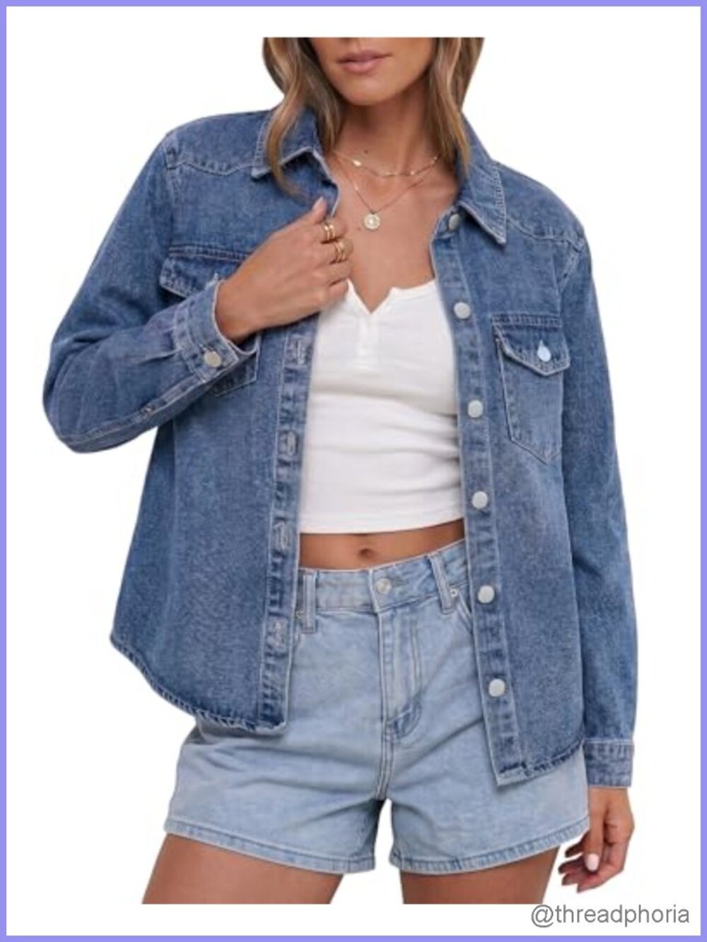 Distressed Denim Shacket Long Sleeve Button Down Trucker Jacket